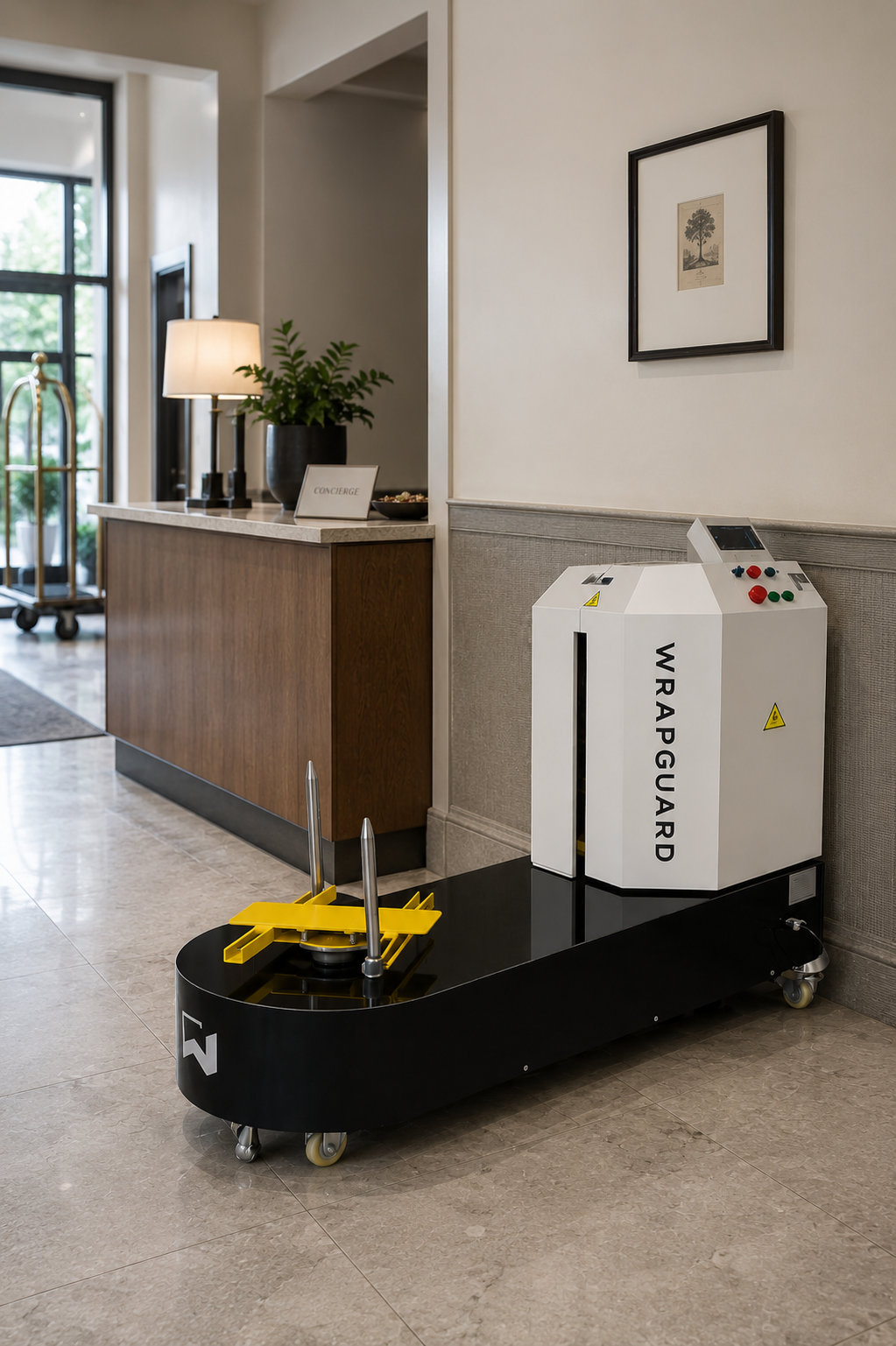 WrapGuard luggage wrapping machine in a hotel concierge area